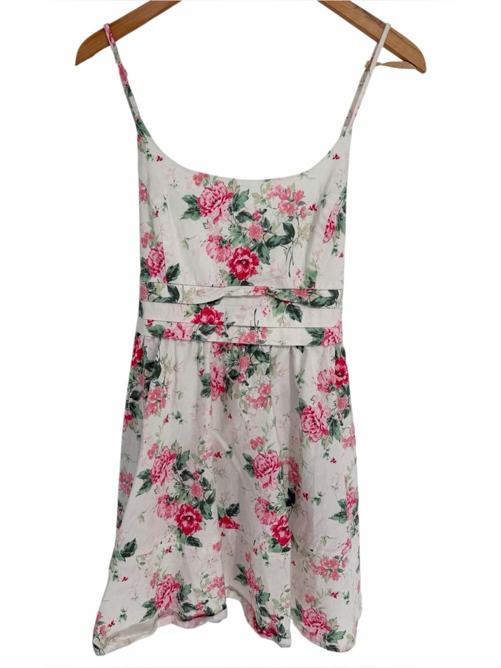 Mi Ami Floral Mini Sleeveless Tie Waist Sumer Dress White Pink Roses - M
